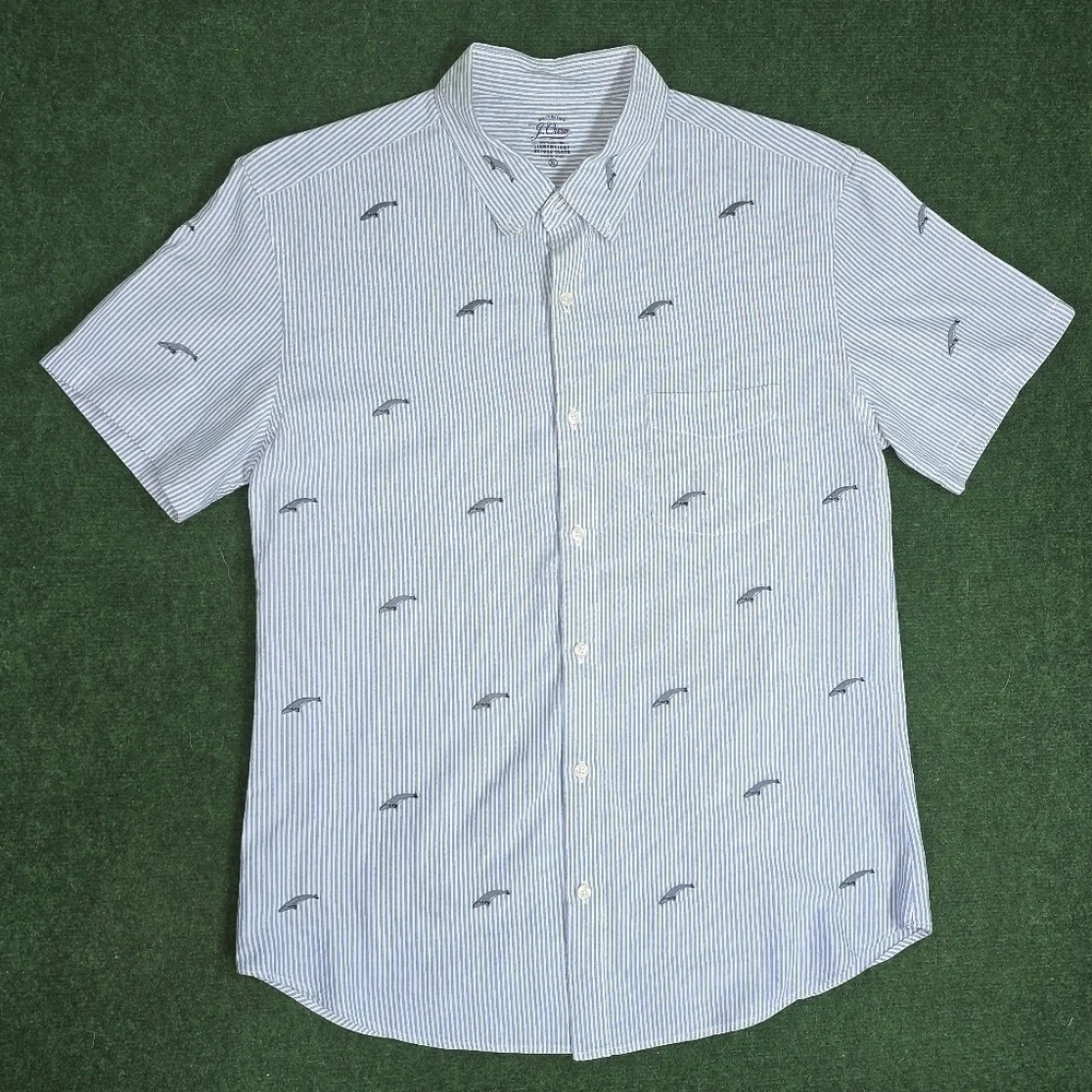 j. Crew | Lightweight Oxford Pin-Striped Embroidered BlueWhale Button Down Shirt